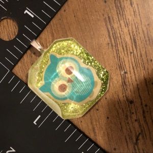 Handmade blue owl on green glitter resin charm